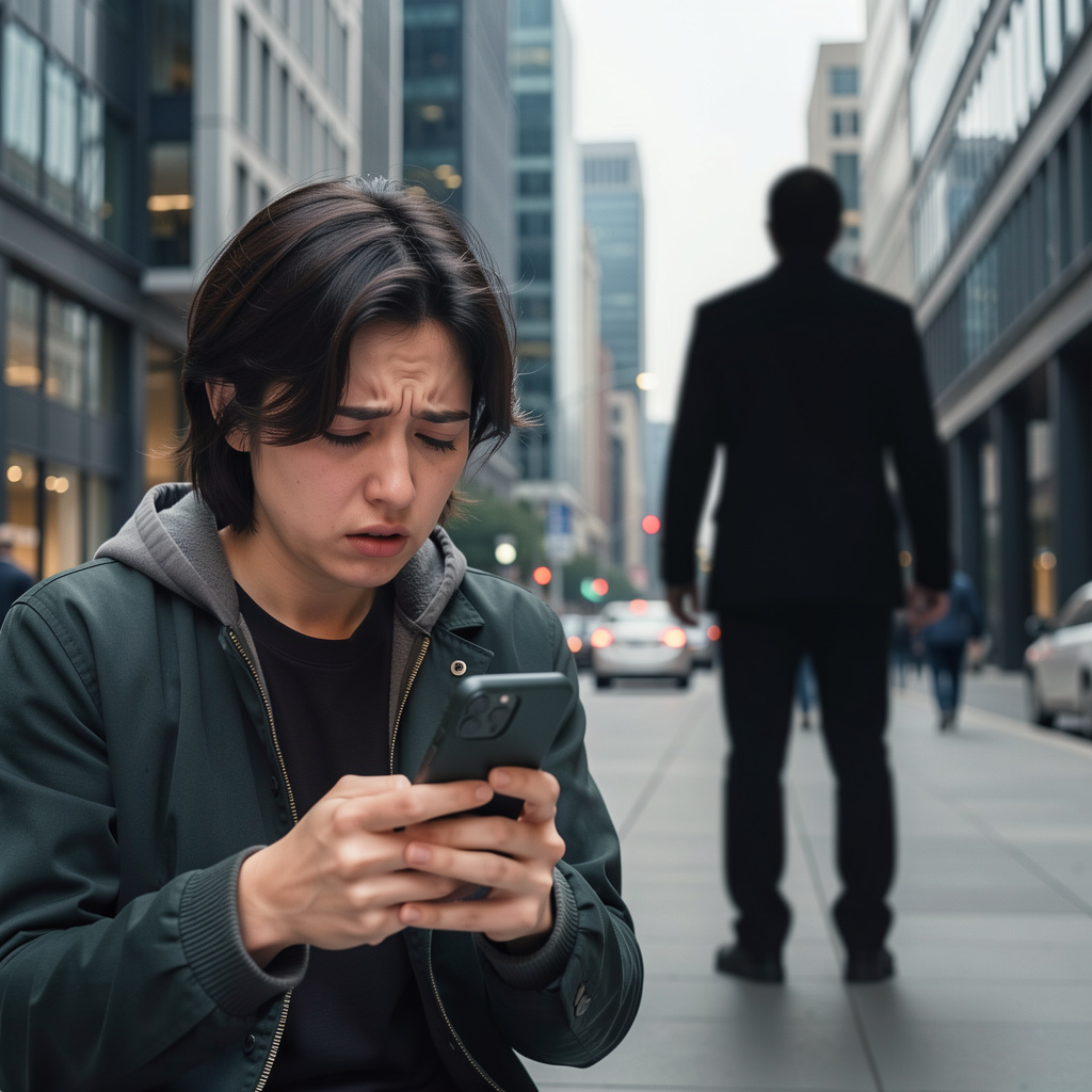 A person looking distressed while holding a smartphone, with a shadowy figure in the background representing a loan shark, in a modern urban setting, 4:3