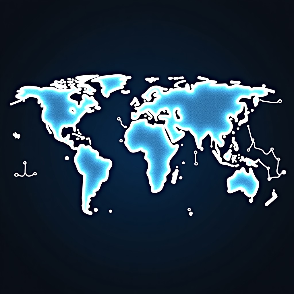 A stylized world map connected by glowing data lines and binary codes, representing global AI network and competition, professional aesthetic, dark textured background, 4:3