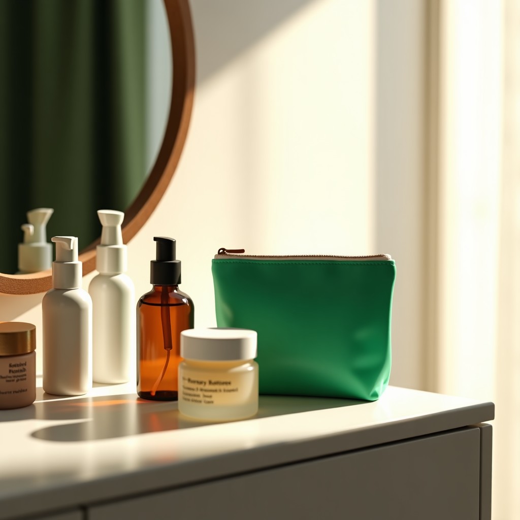 A modern vanity table with various skincare products including a green branded pouch. Soft morning sunlight streaming through a window. High end interior aesthetic. 1:1