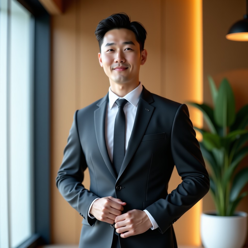 A tall and handsome Korean man in a sharp charcoal suit, standing in a luxurious and modern high-tech office, charismatic look, professional and sophisticated atmosphere, 4:3