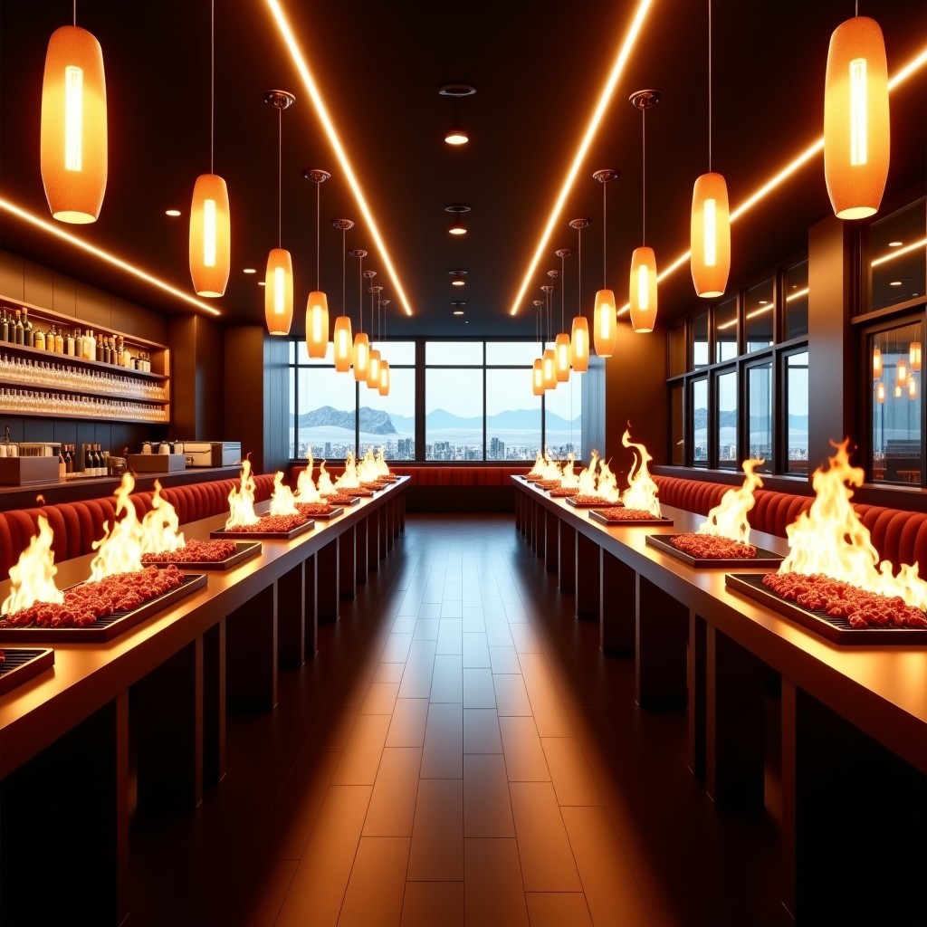 A wide view of a modern and spacious premium meat buffet restaurant interior with warm lighting, charcoal grills on tables, and a clean, luxury atmosphere. 4:3