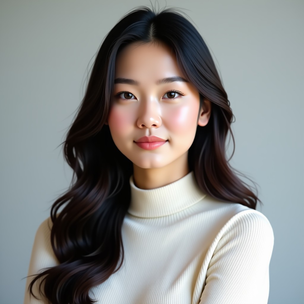 A portrait of a sophisticated young Korean woman with long dark hair, wearing a simple white knit top. She has a natural and elegant expression. Soft studio lighting with a neutral grey background. 4:3