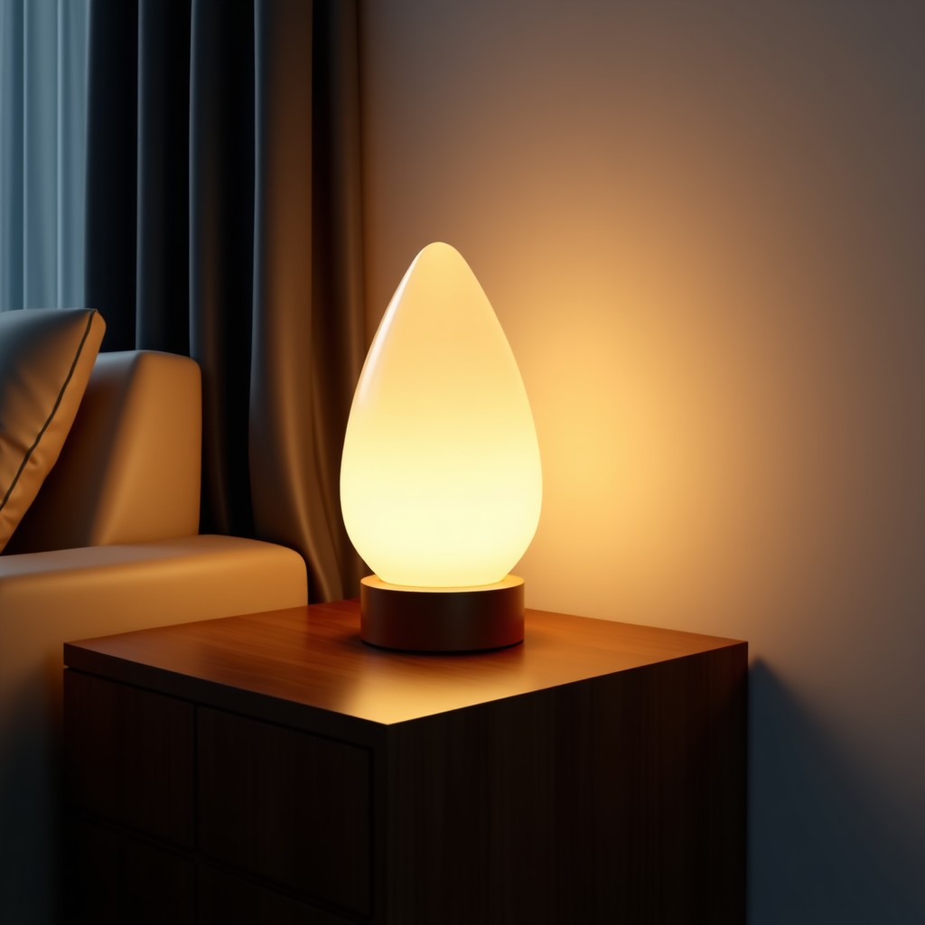 A luxurious crystal table lamp glowing warmly on a minimalist dark wood side table in a modern high-end living room. The lighting is soft and elegant, creating a sophisticated atmosphere. High-quality lifestyle photography, 4:3