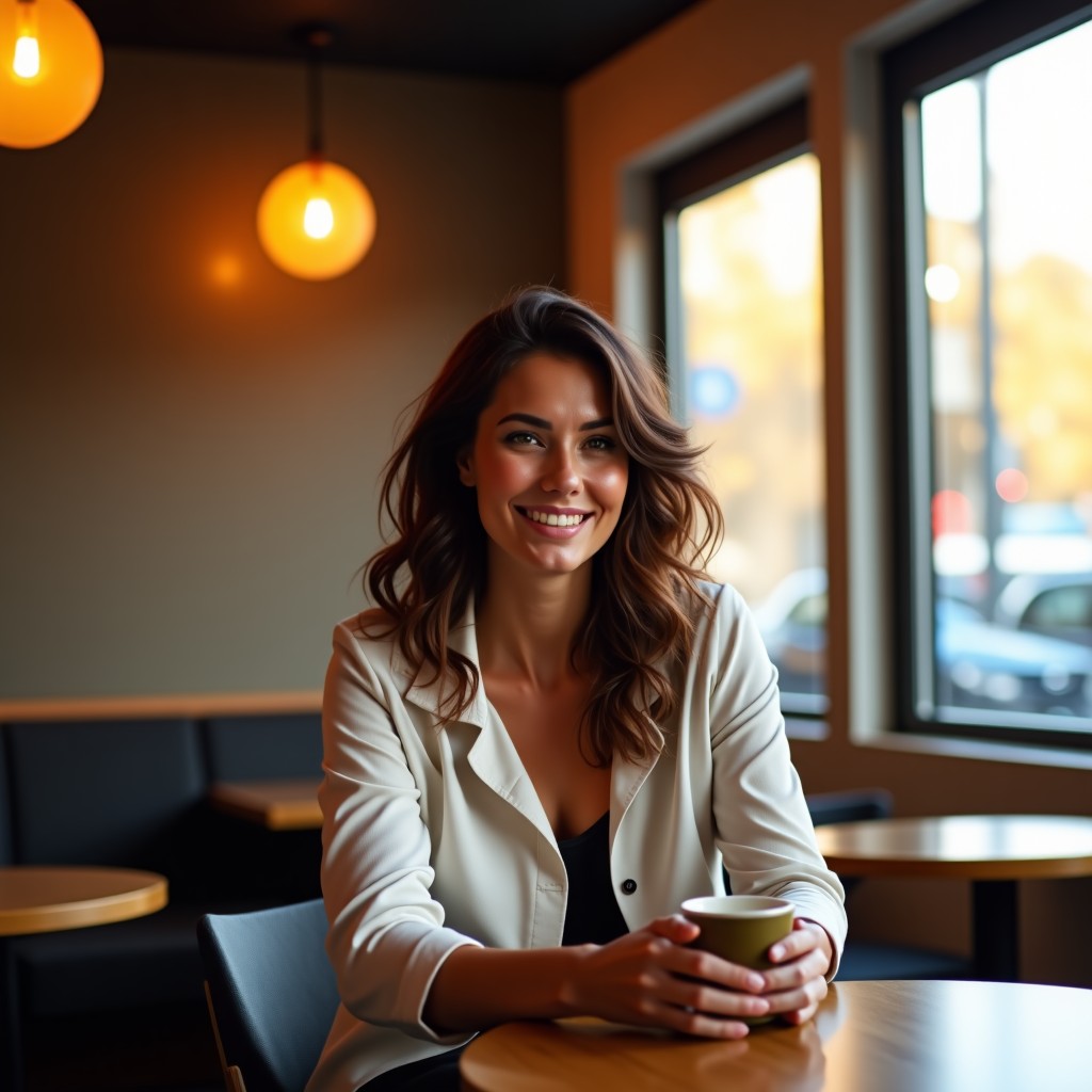 A stylish woman sitting in a trendy aesthetic cafe with warm interior lighting, minimal decor, holding a coffee cup, natural sunlight coming through the window. 4:3