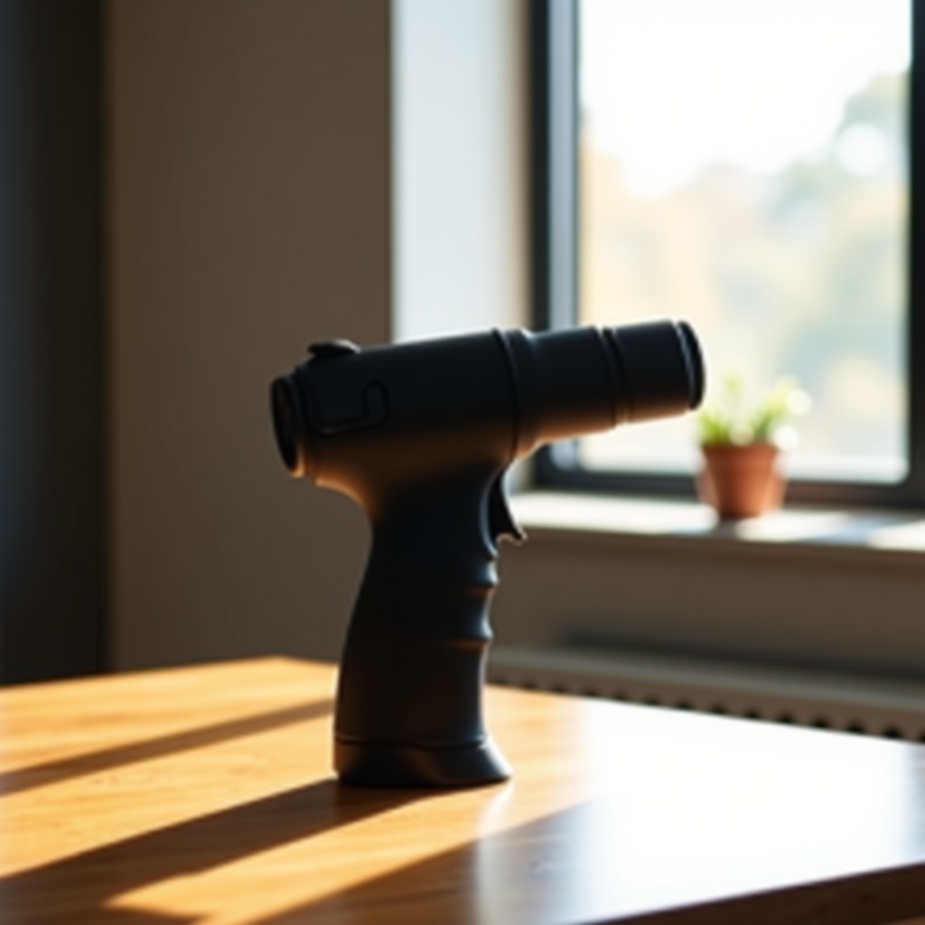 A sleek and modern handheld wireless air gun device placed on a wooden table, high-tech design, matte black finish, minimalist style, natural morning sunlight coming through a window, 4:3