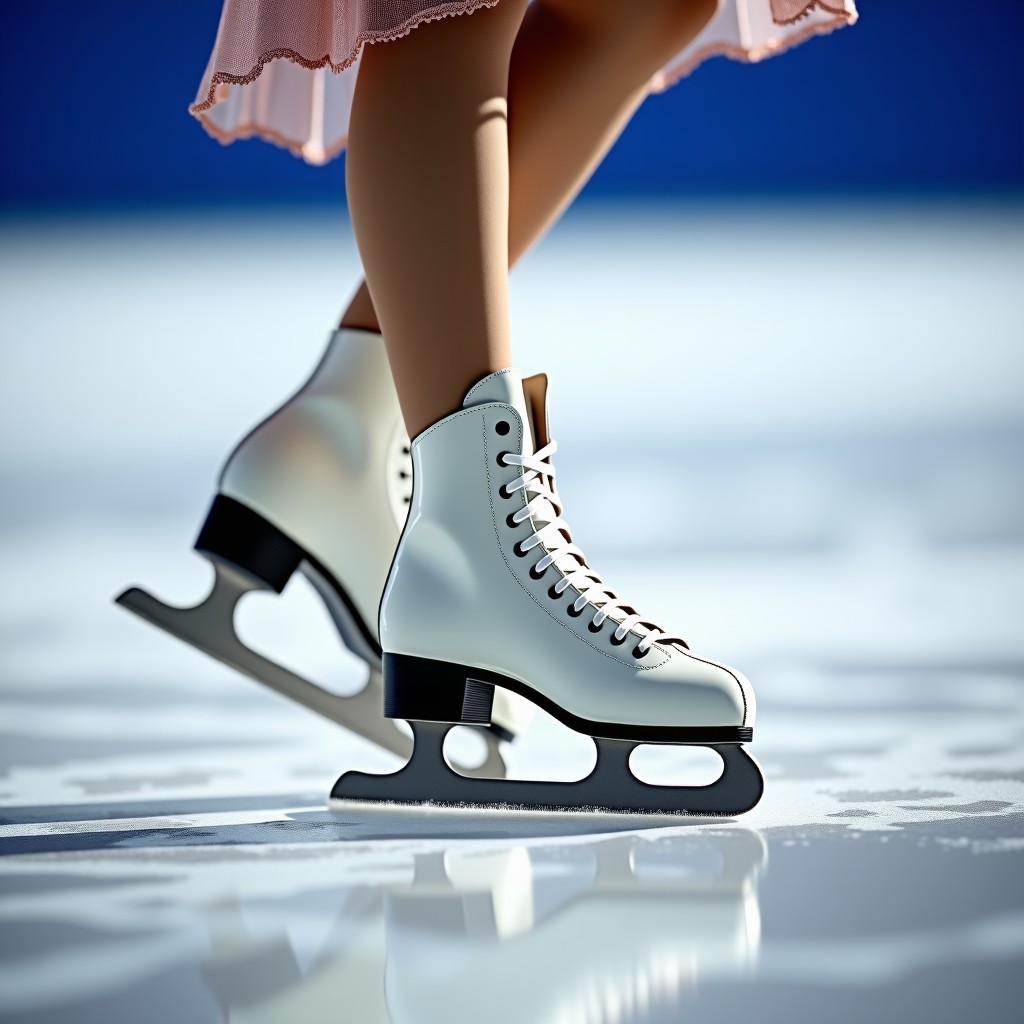 Detailed shot of professional figure skates on ice and the edge of a beautiful sequined skating costume. The focus is on the sharp steel blade of the skate making contact with the white ice surface. Soft bokeh background. No text. 1:1