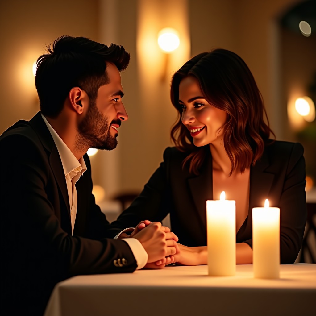A sophisticated dinner scene at a luxury restaurant. A man and a woman are talking warmly over candle light. Elegant interior design, soft bokeh background, realistic textures, high-end lifestyle photography. 1:1