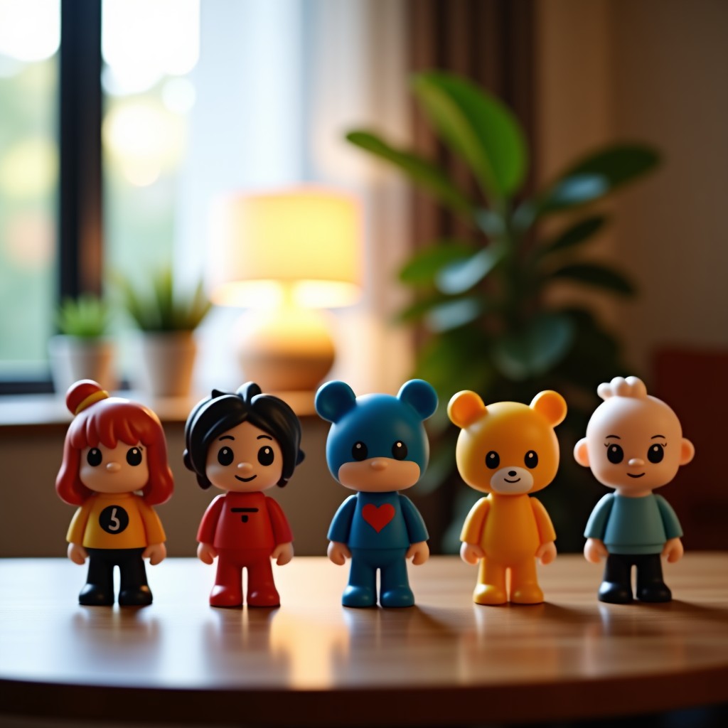 Lifestyle photography of trendy designer toys and collectible figures displayed on a wooden table with warm lighting in a modern room, 1:1