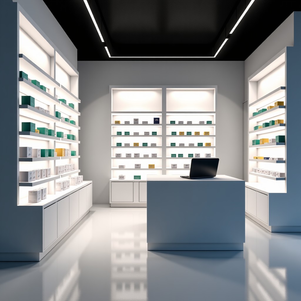 A modern and stylish contact lens store interior with bright lighting, clean display shelves filled with various lens boxes, a minimalist consultation desk, and a sophisticated atmosphere. 4:3