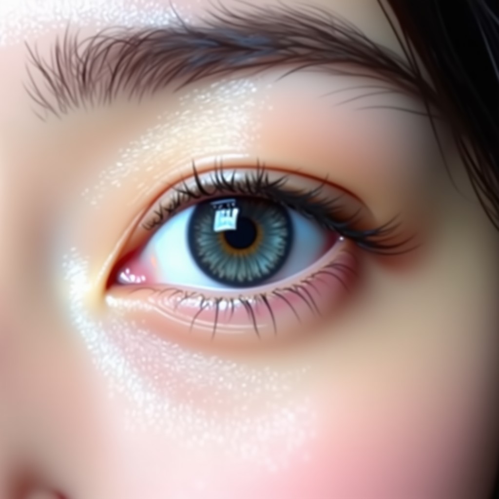 Close-up of a Korean woman's eye wearing a cool-toned black highlight contact lens with a subtle blue gray tint, modern and sharp look, no text, 1:1