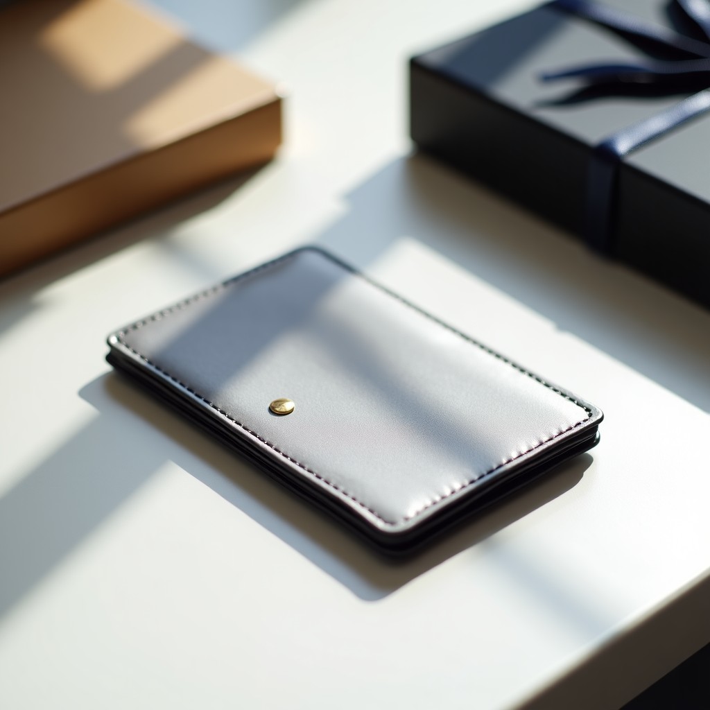 A luxurious silver card wallet placed on a clean white desk next to a stylish gift box, soft natural sunlight, professional product photography, 4:3