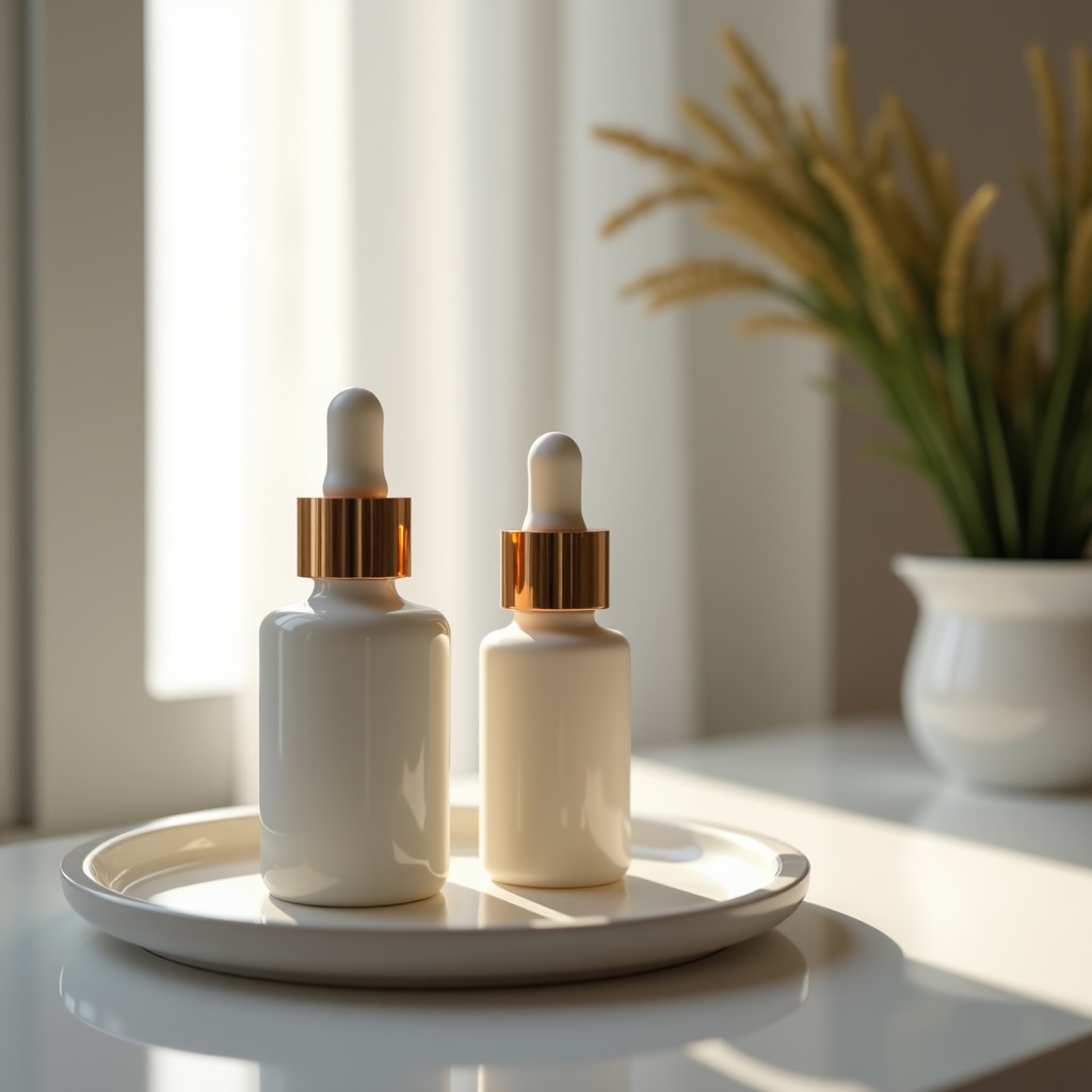 A clean and modern aesthetic dermatology clinic interior with professional skin booster equipment and serums on a tray, soft lighting, calm atmosphere, 1:1