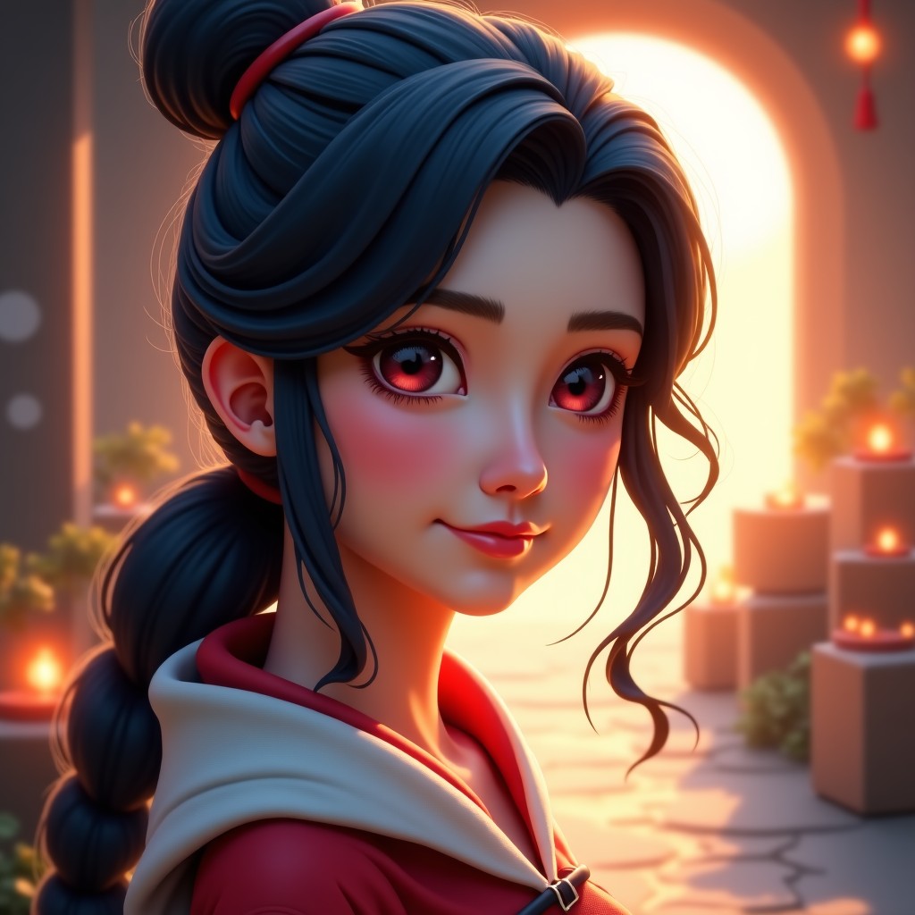 A detailed close-up of a beautiful fantasy game character with a new hairstyle and intricate facial features. The background is a soft-focus magical workshop. Soft cinematic lighting, focus on aesthetic details, Korean-style character design. 4:3