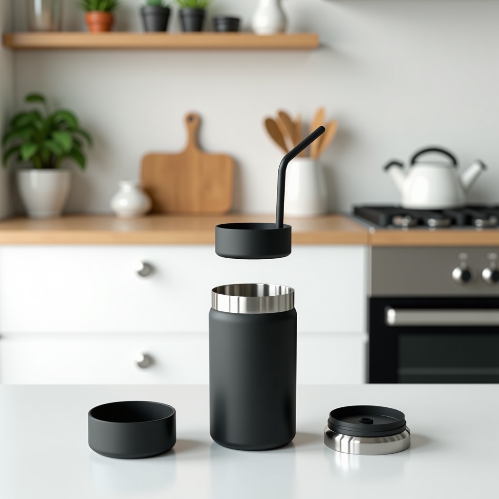 Disassembled parts of a Stanley tumbler including the lid and straw drying on a clean white kitchen counter. Minimalist and bright kitchen environment. Realistic home setting. 4:3