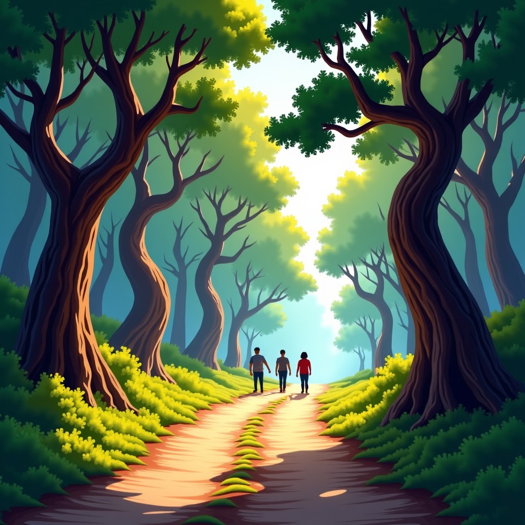 A beautiful forest path with ancient twisted pine trees and sunlight filtering through the branches. People are walking leisurely on the dirt road. 4:3