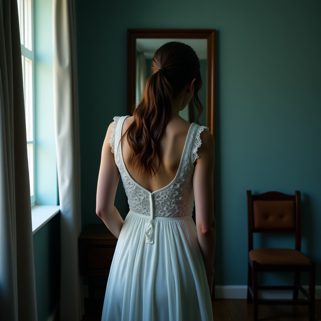 A woman from behind wearing a very simple and cheap white lace dress. She is looking at a mirror in a dimly lit room. The mood is melancholic and lonely. Artistic photography, 4:3.