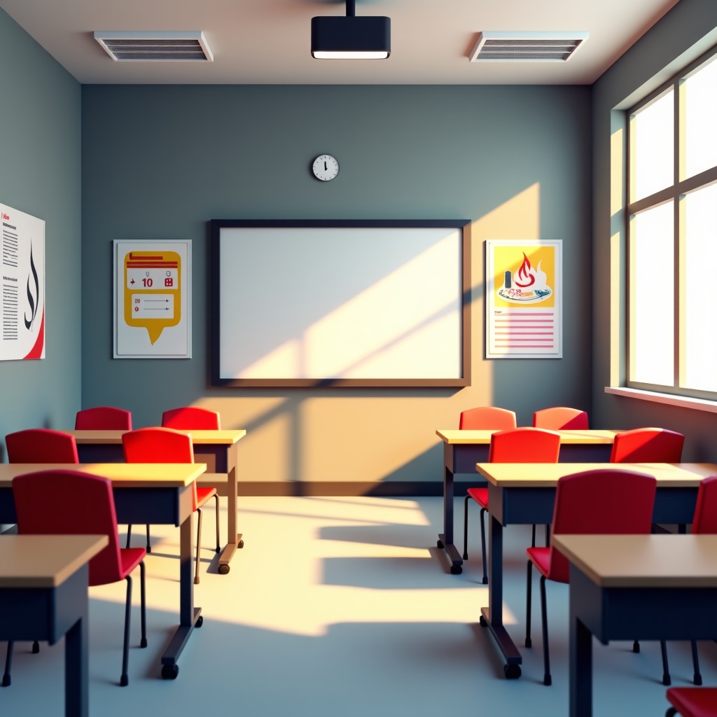 A clean and modern classroom setting for fire safety training with educational posters on the wall, realistic lighting, 4:3