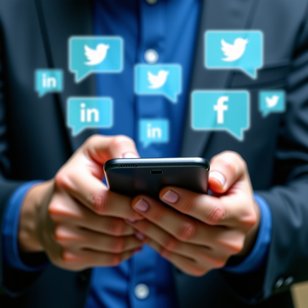 Close up of hands typing on a smartphone with social media comment icons floating around, bright and clear composition, tech-oriented style. 4:3