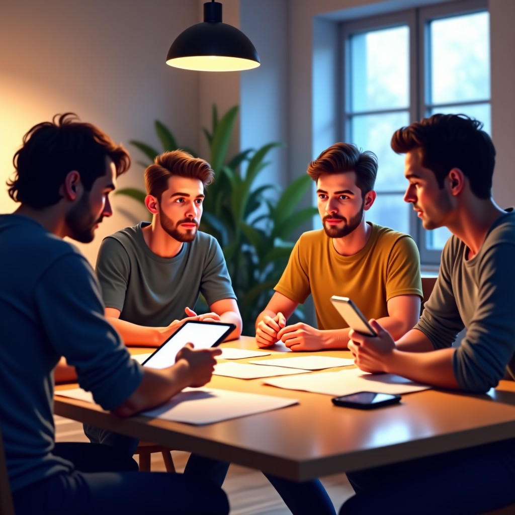 A small group of diverse game developers gathered around a large table with concept art and tablets. They are having an intense discussion with a focused look. Warm indoor lighting creates a collaborative atmosphere. 4:3
