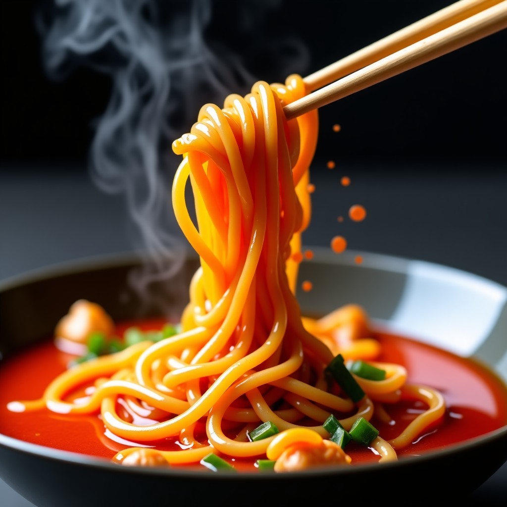 Close-up of glossy glass noodles being lifted with chopsticks from a spicy red sauce with chicken and herbs, steam rising, macro photography, vivid red color, 1:1