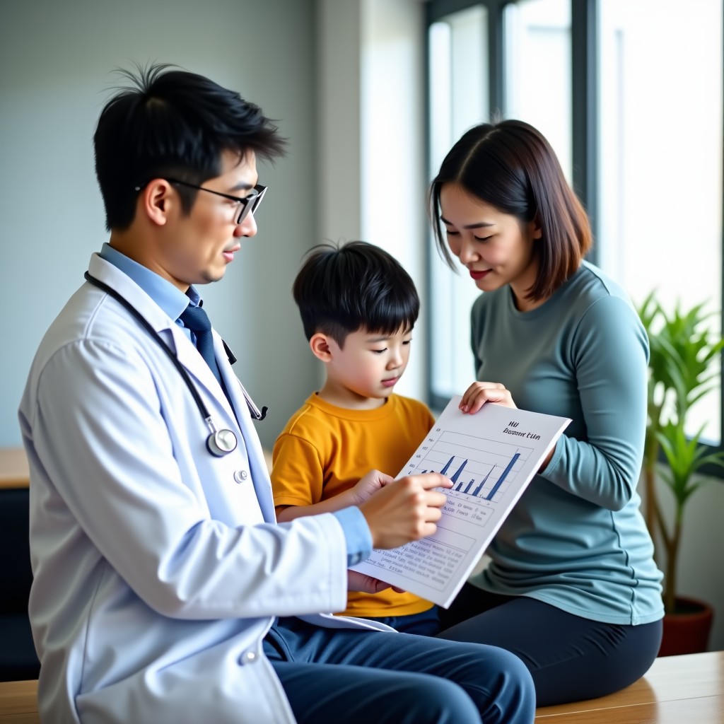 A professional pediatric doctor in a white coat explaining growth charts to a Korean parent and a young child. Modern medical office, friendly and professional environment. High contrast, clean lighting. 4:3