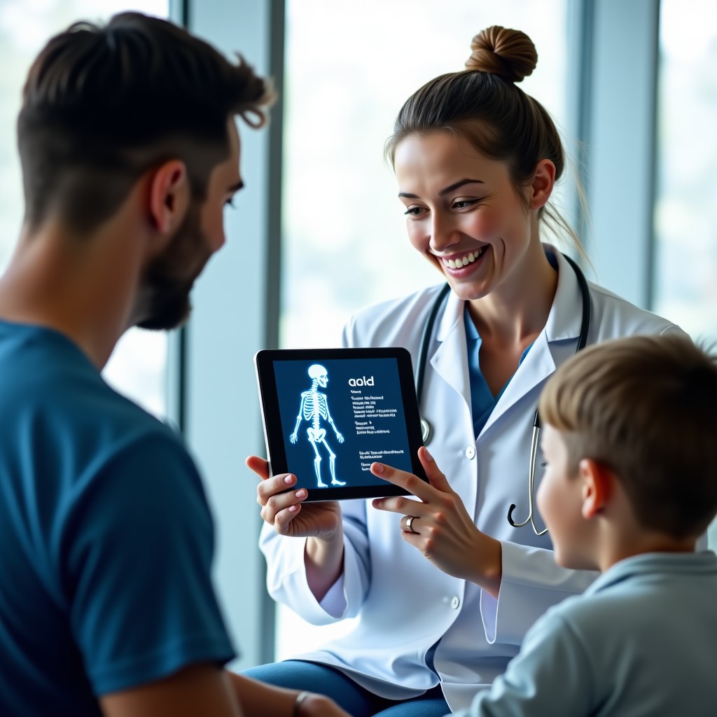 A professional pediatrician in a white coat showing a digital screen with bone age data to a parent and a child in a modern clinic, bright and trustful atmosphere, realistic photography. 4:3