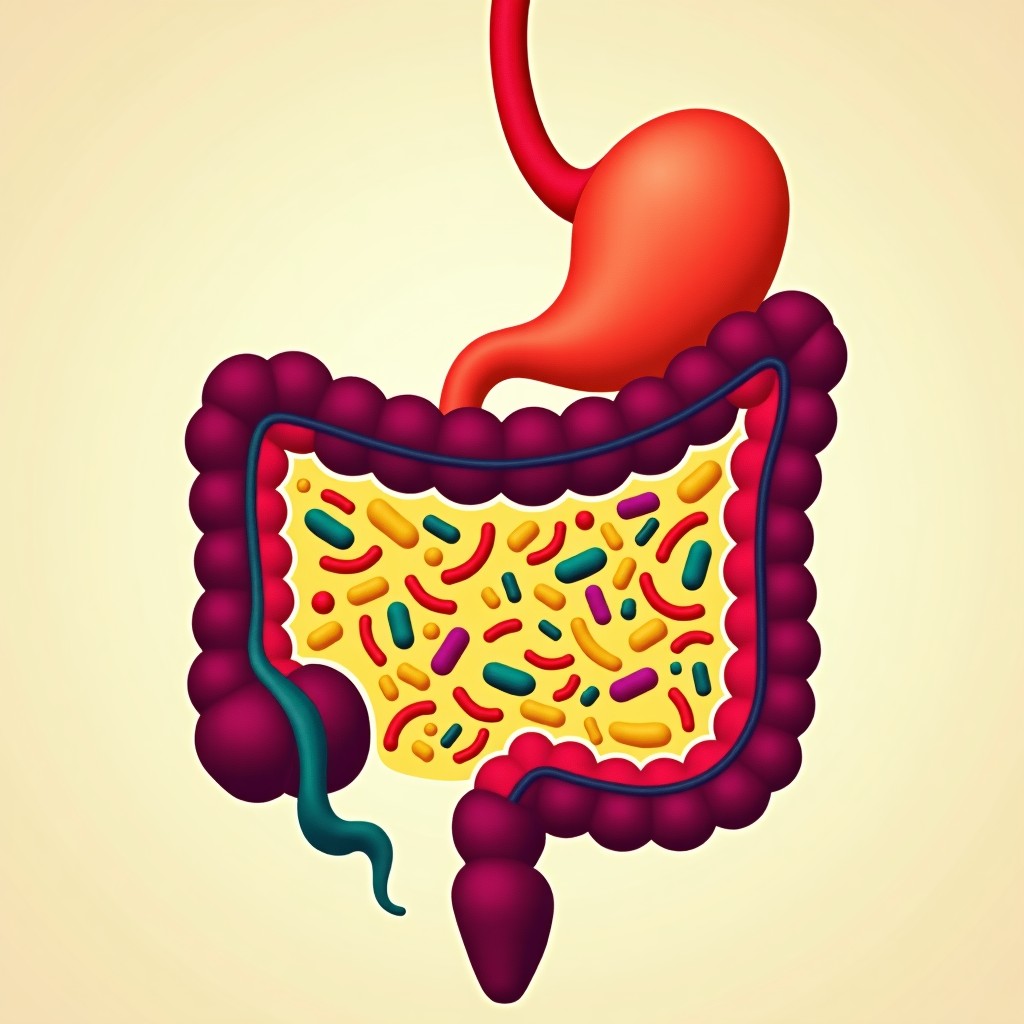 An artistic illustration representing digestive enzymes and nutrients flowing through a stylized digestive tract, vibrant colors, textured background, no text, 1:1