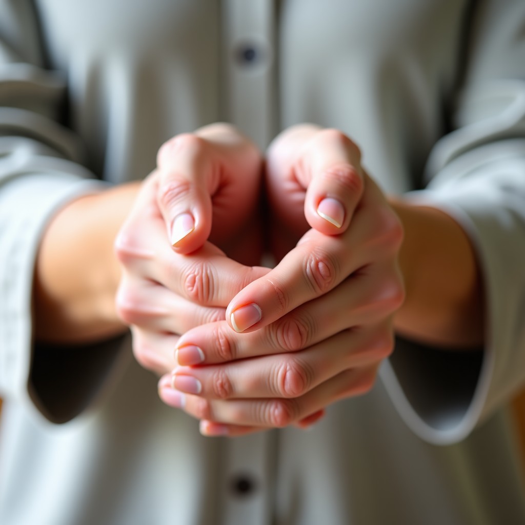 Close up of hands performing gentle finger stretches and joint exercises, soft natural background, realistic skin texture, 1:1
