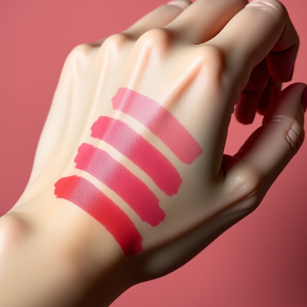 Close-up of a person's hand showing lipstick swatches of a soft rose color. The texture is glossy and hydrating with a subtle shimmer. High-quality cosmetic photography with soft focus and warm lighting. 4:3
