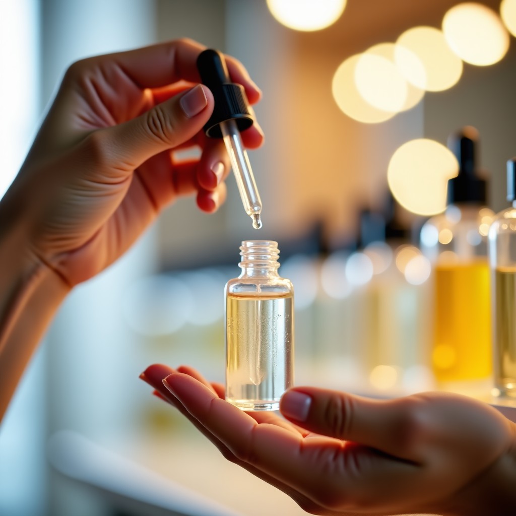 Close-up of a person's hand applying a clear serum from a glass dropper in a brightly lit beauty shop. Detailed skin texture, bokeh background of skincare bottles. 4:3