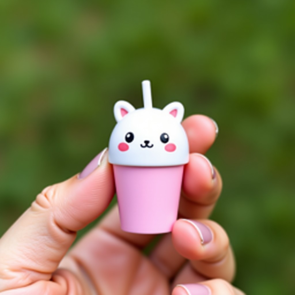 A person holding a tiny Cinnamoroll themed mini tumbler keychain in their hand to show its small size. The tumbler has a cute character design and a small straw. Natural daylight background. 4:3