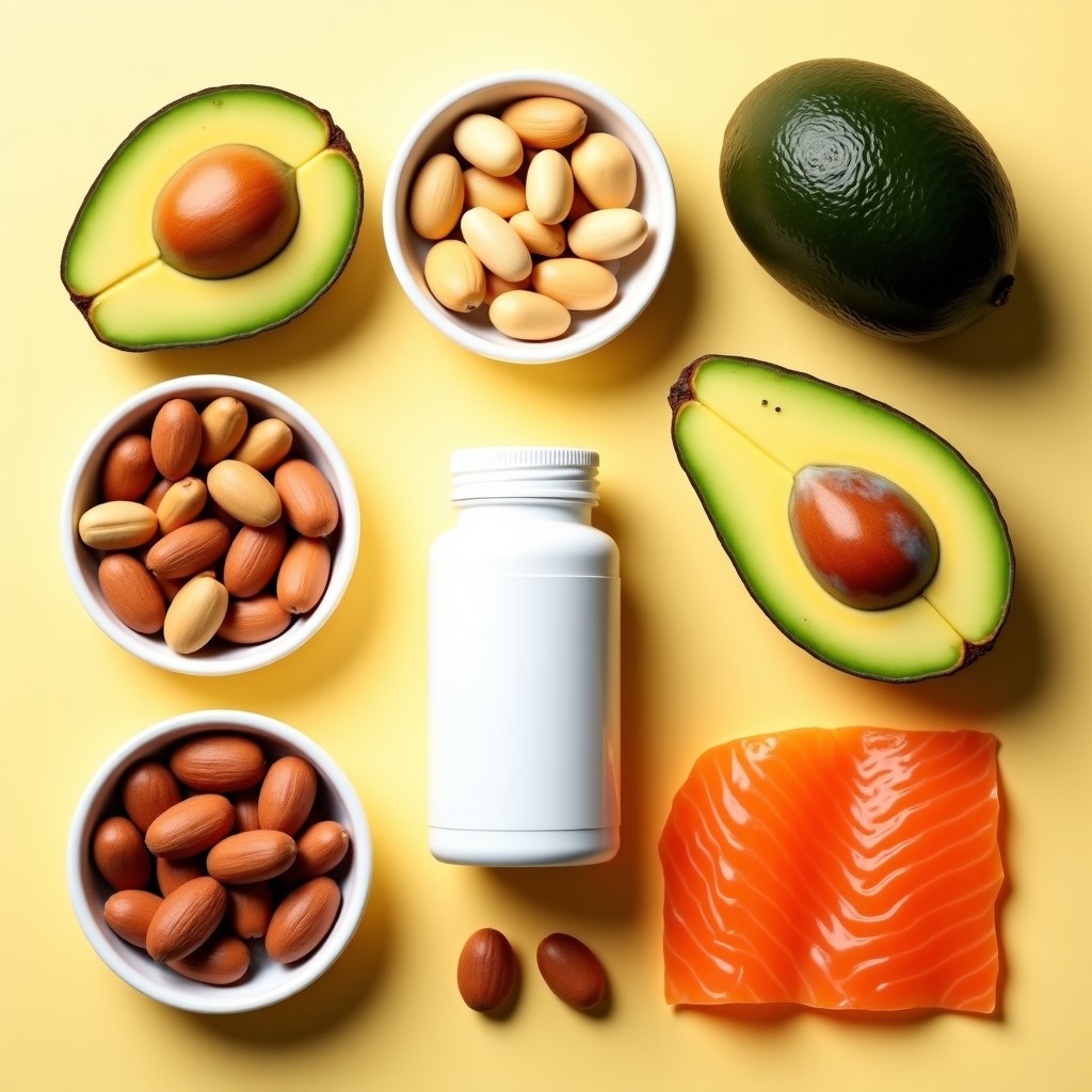 A flat lay of healthy foods for nail care including nuts, avocados, and salmon, with a bottle of vitamin supplements nearby, bright and clean aesthetic, top-down view, 1:1