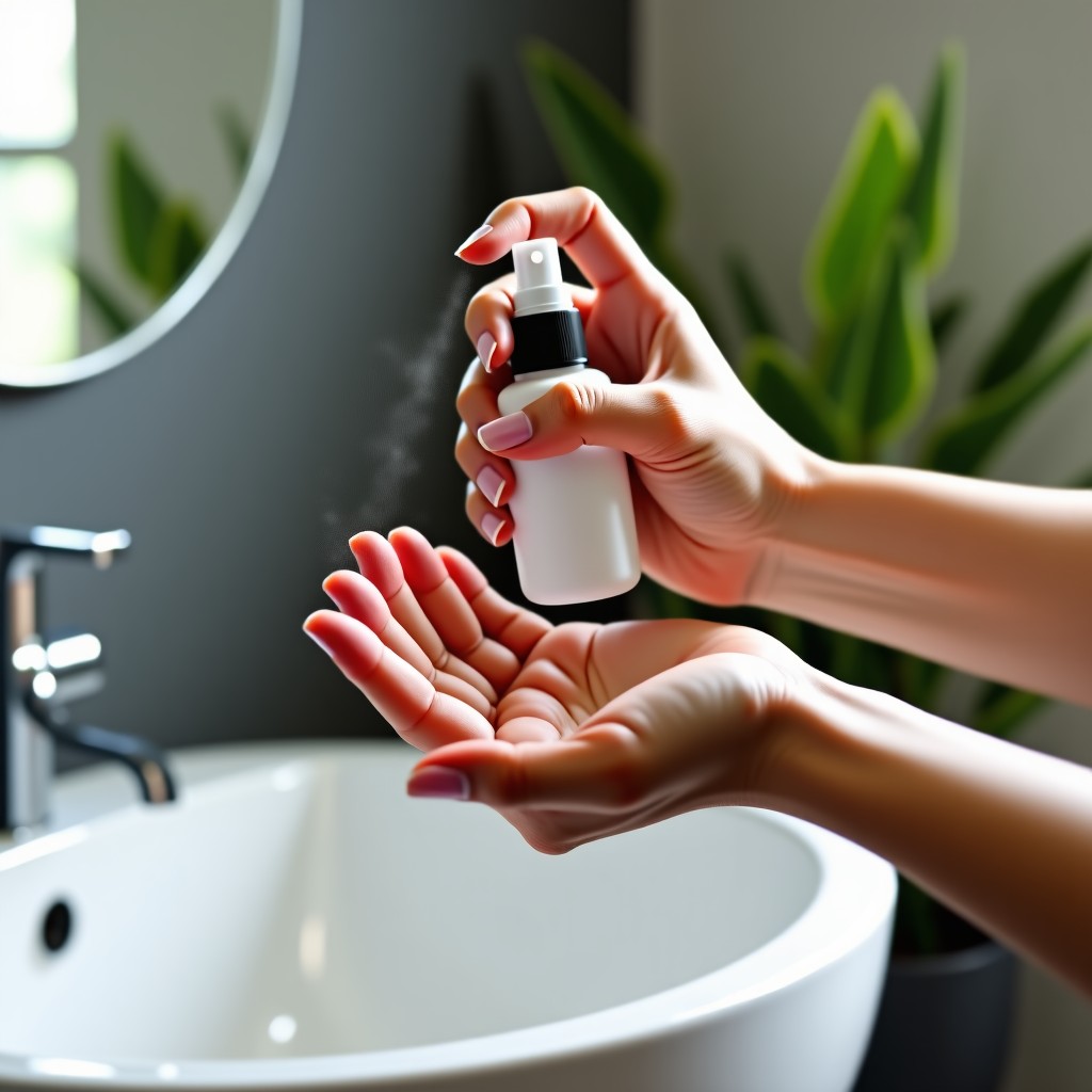 A person's hand holding a small spray bottle and misting their fingernails, fine water droplets visible in the air, modern and minimalist bathroom setting, soft natural lighting, realistic photography, 4:3