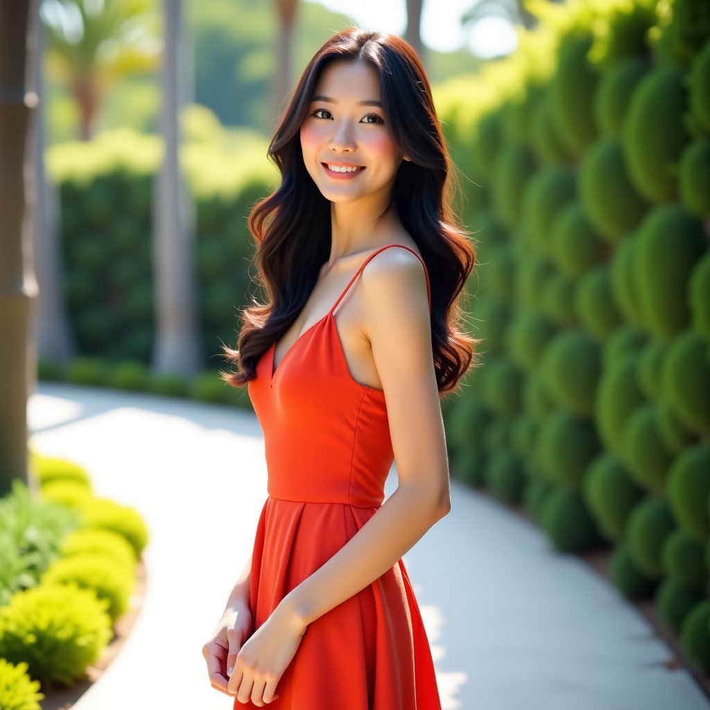 A beautiful Korean woman in her mid-20s, 172cm tall, wearing a stylish and elegant summer dress, long wavy dark hair, posing naturally in a luxury resort garden, soft sunlight, high resolution, 1:1