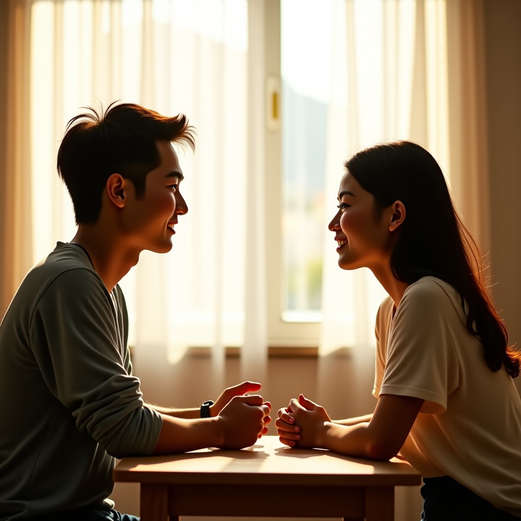A young Korean man and woman sitting across from each other, engaged in a warm and sincere conversation. The lighting is bright and inviting. Lifestyle photography style. 1:1