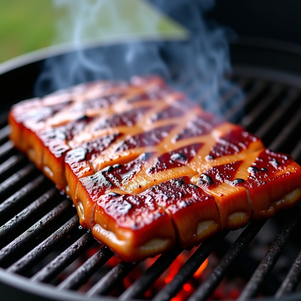 Marinated pork ribs being grilled on a charcoal brazier with light smoke and golden brown surface. 4:3