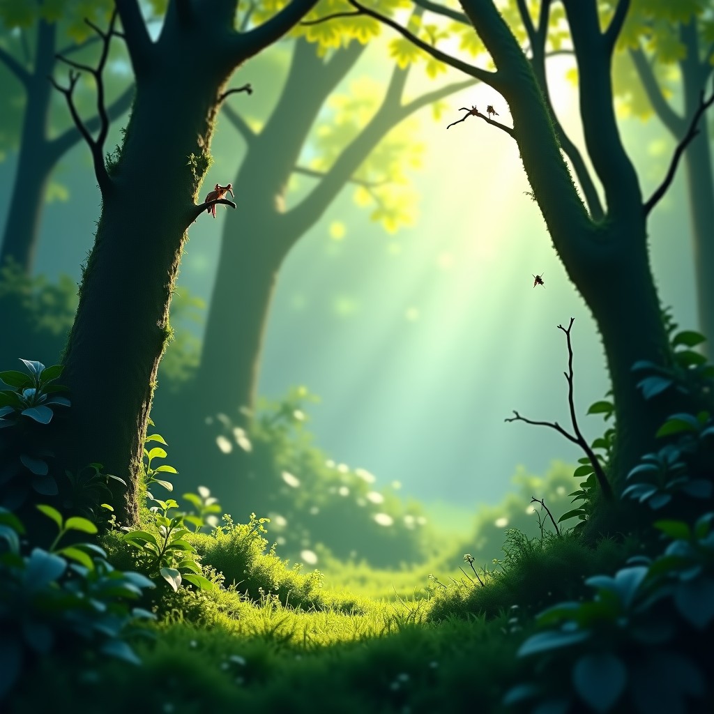 A wide angle view of a lush green forest with multiple cicadas on various branches, soft morning mist, cinematic nature scene, 1:1