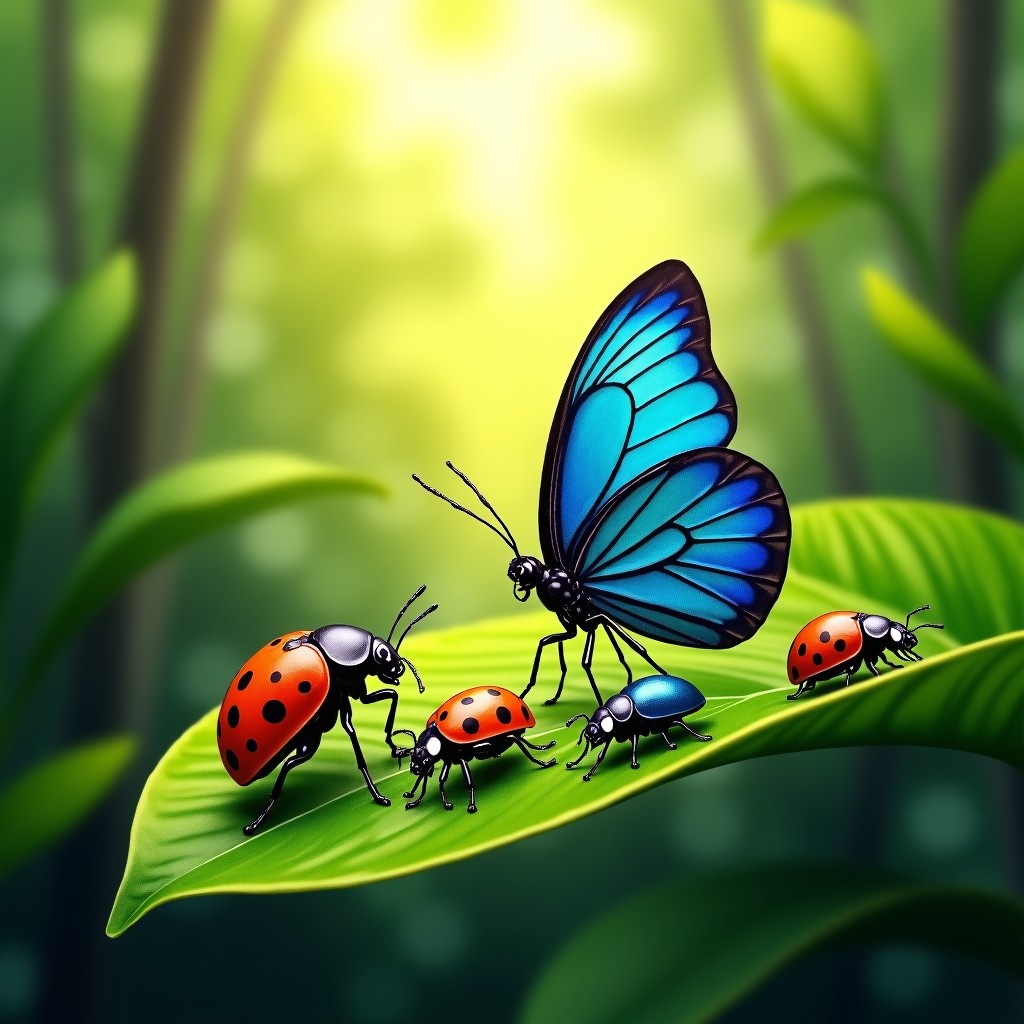 A diverse collection of colorful insects including a butterfly, a metallic beetle, and a ladybug resting on vibrant green leaves in a lush sunlit forest. The scene is detailed and natural, showing biological diversity. High resolution, realistic photography style. 4:3
