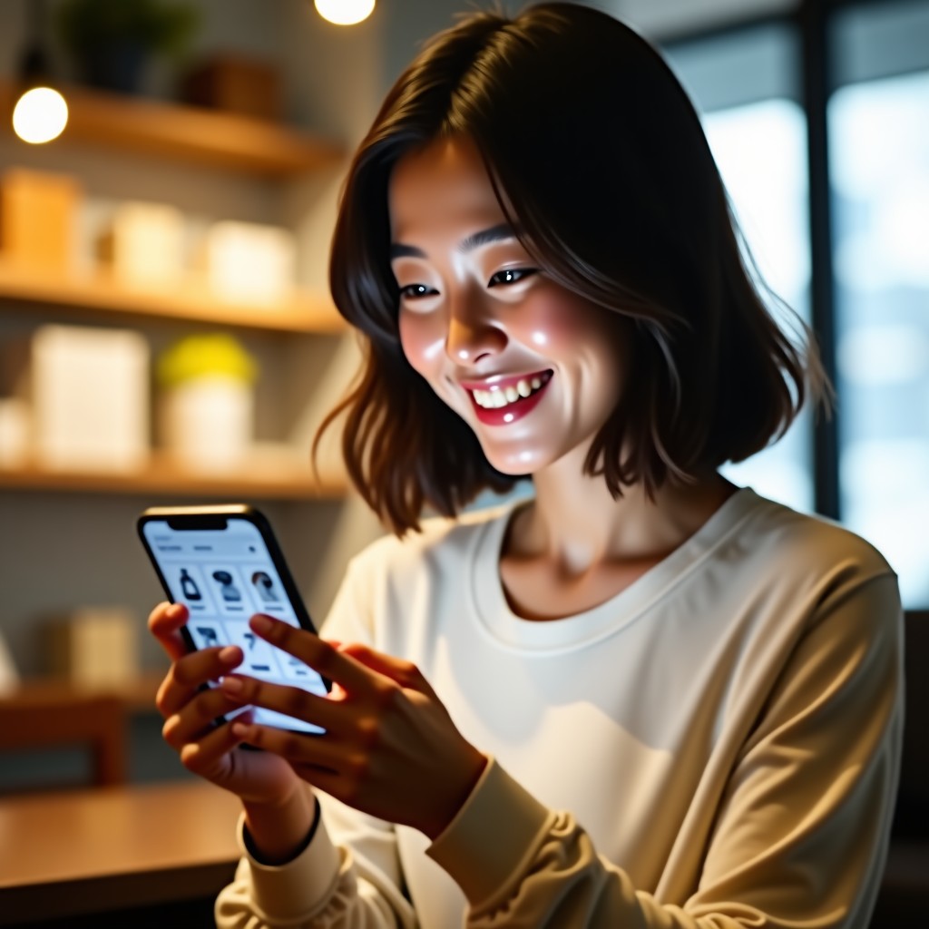 A Korean person happily looking at a smartphone screen with a shopping-related mobile app interface. Bright and warm indoor lighting, lifestyle photography style, natural expression. 4:3