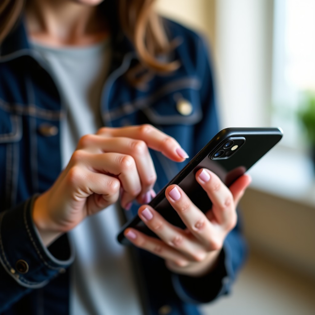 Close up of a person hand holding a modern smartphone while tapping the update button in an app store, natural daylight, lifestyle photography, 4:3