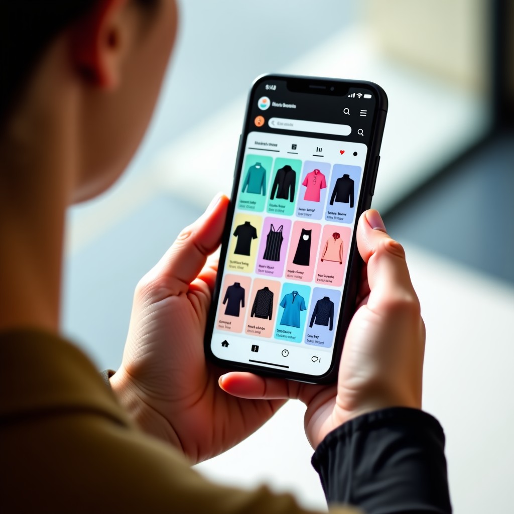 A high-quality lifestyle photograph of a person holding a modern smartphone, displaying a colorful and trendy fashion marketplace app interface with various clothing items. The lighting is bright and natural, with a focus on the hands and the screen. 4:3