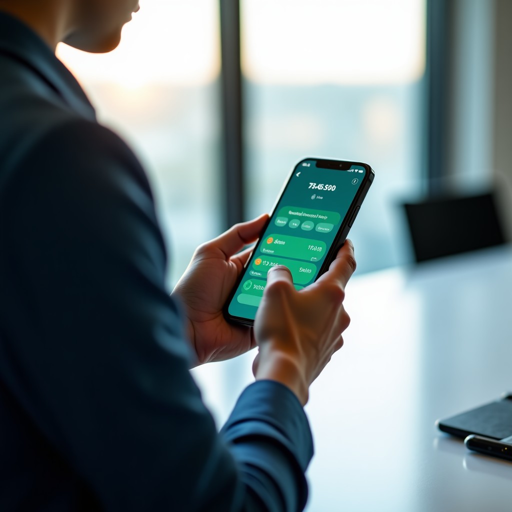 Close-up of a person hands using a smartphone with a clean and professional financial app interface, modern office background, soft lighting, 1:1