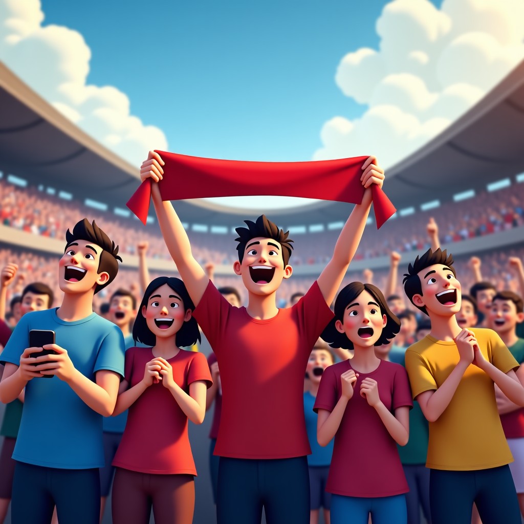 A group of diverse football fans cheering and waving scarves in a stadium, nobody is looking at a phone, emotional expressions, vibrant colors, realistic photography, No Korean Text, 4:3