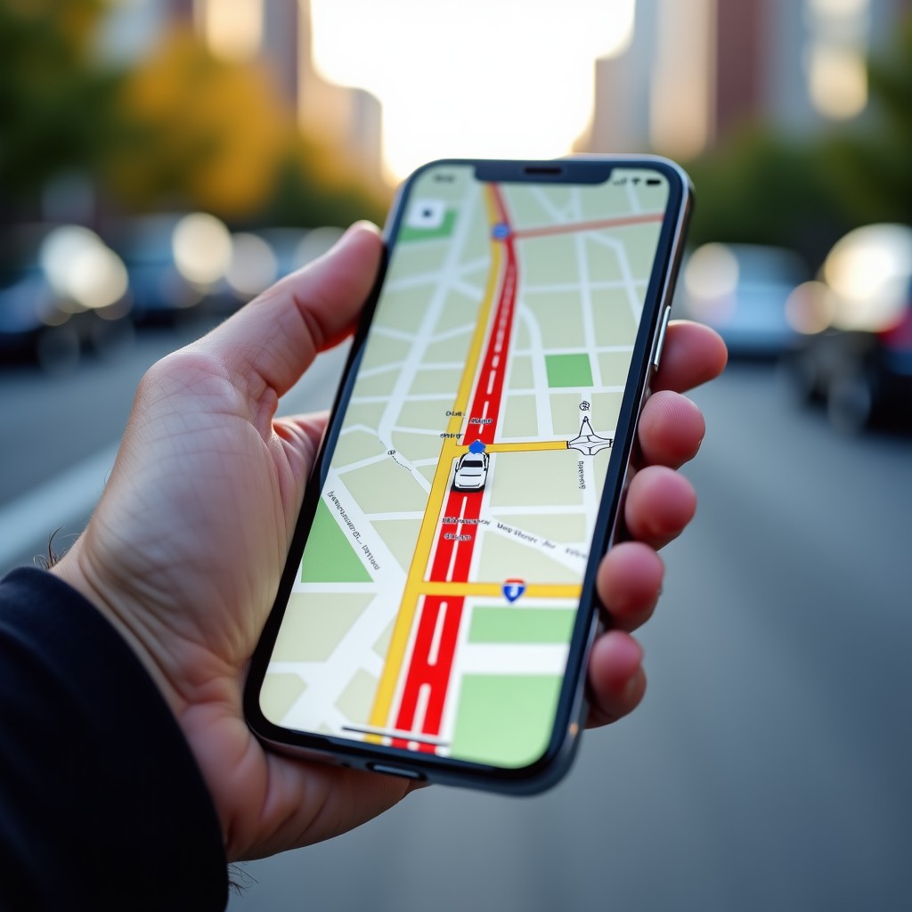 Close-up of a person's hands holding a modern smartphone, a map app with red traffic lines and detour routes is visible on the screen, outdoor city background, natural lighting, 4:3