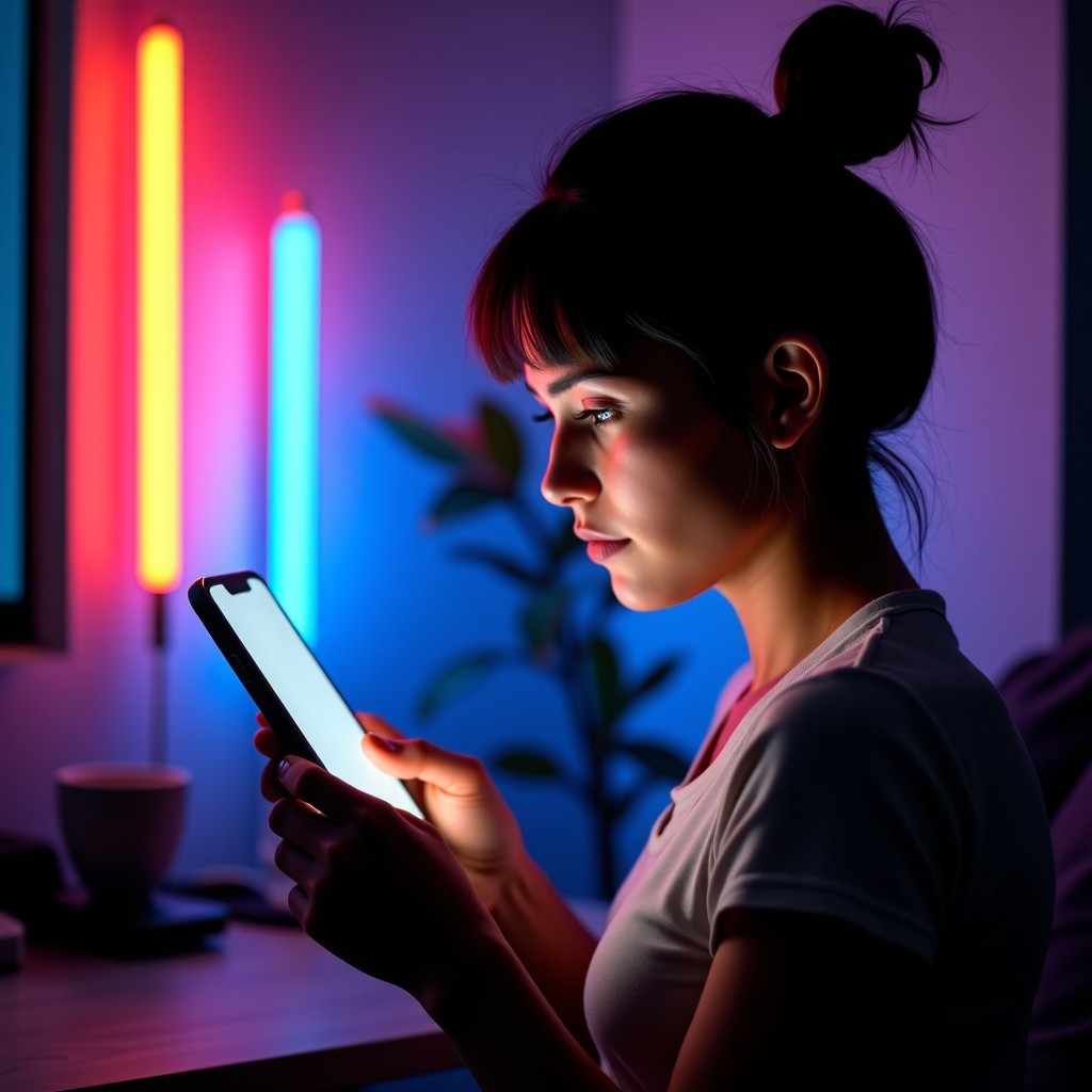 A modern lifestyle photography shot of a person using a smartphone in a dimly lit room. The screen light illuminates their face. Colorful light trails represent social media notifications and digital emotions. 4:3