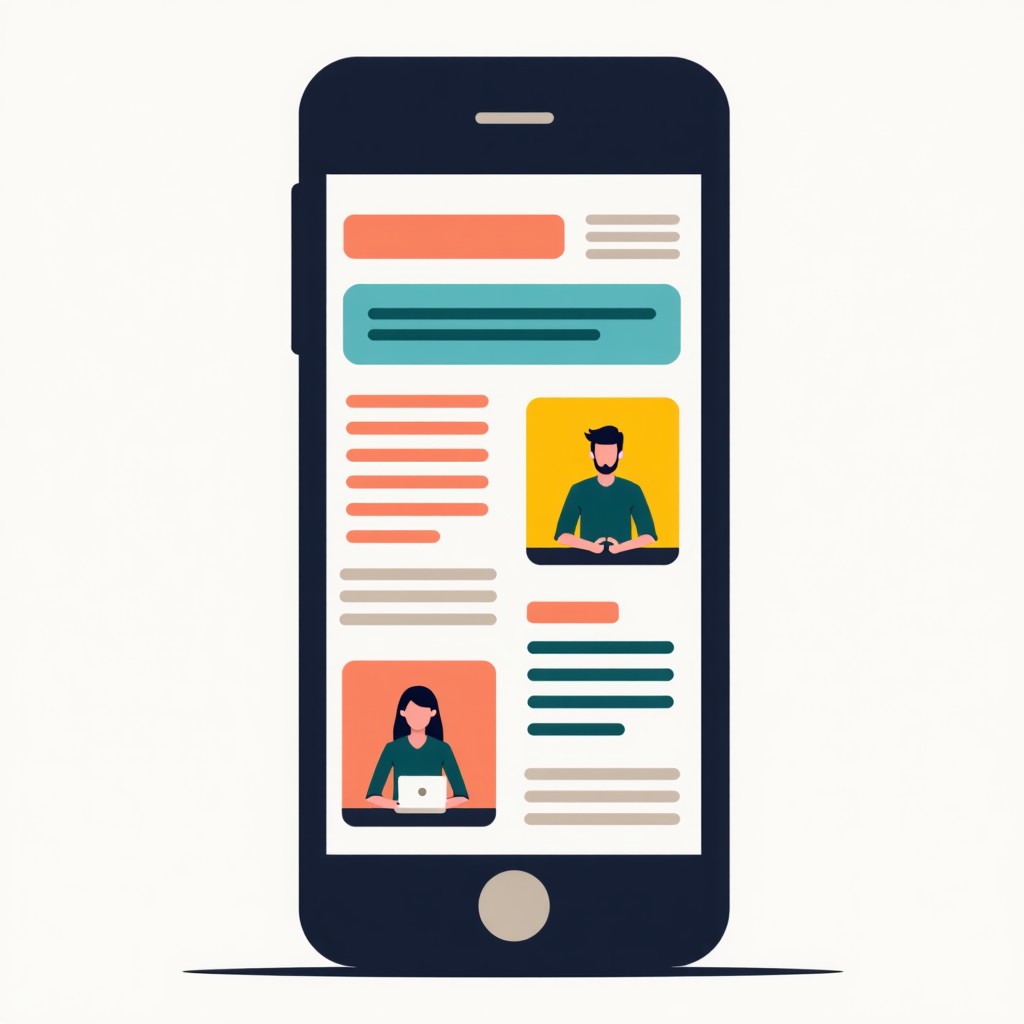A smartphone screen displaying a colorful and organized blog layout with illustrations, high resolution, 1:1