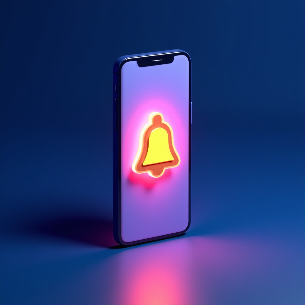 A modern smartphone displaying a glowing safety notification bell icon, abstract digital safety concept, blue and purple gradient background, high contrast informational style, 4:3