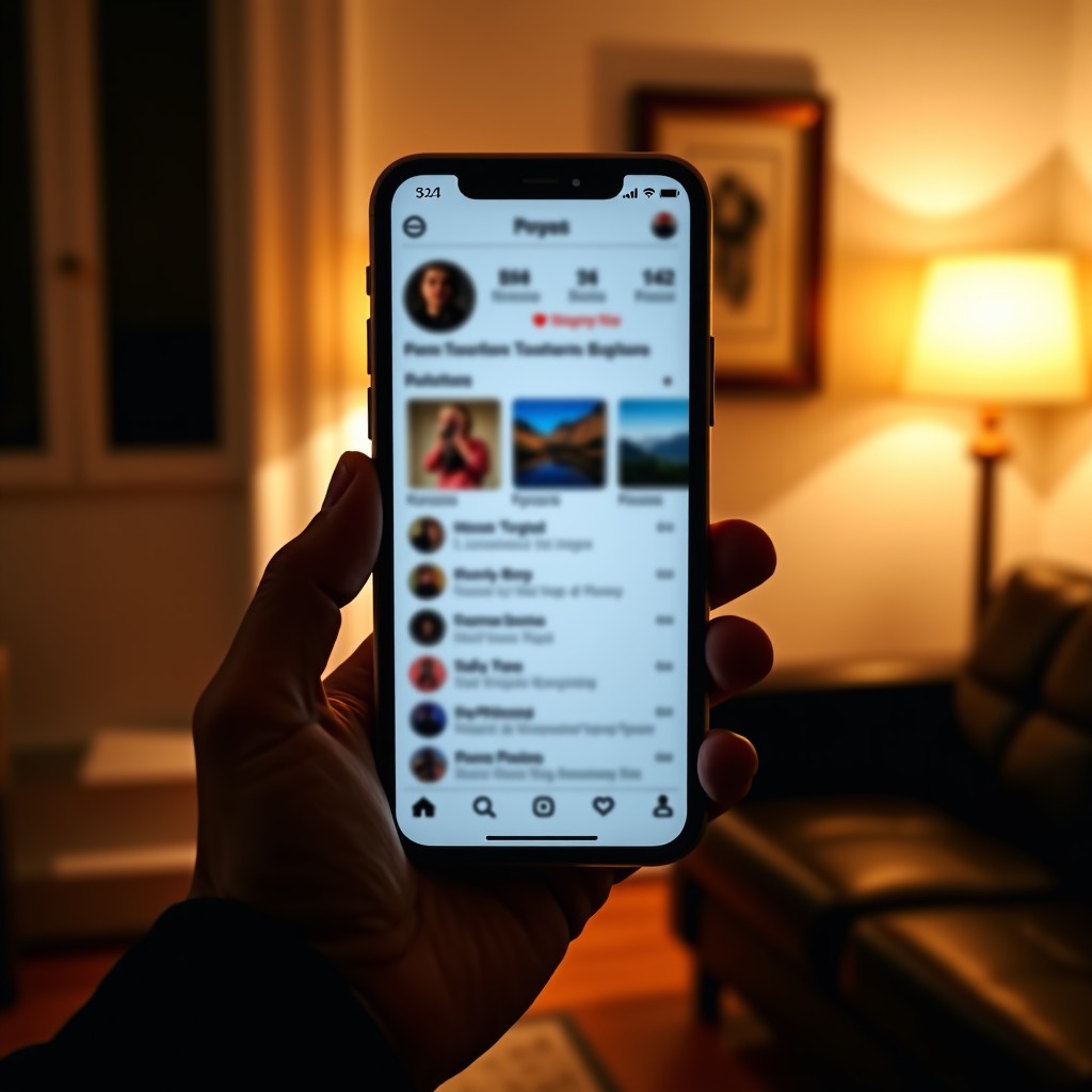 A hand holding a modern smartphone in a dimly lit room. The screen displays a grid of blurred social media profile pictures and text posts. The focus is on the phone screen with a soft bokeh background. Realistic lifestyle photography, warm indoor lighting. 4:3