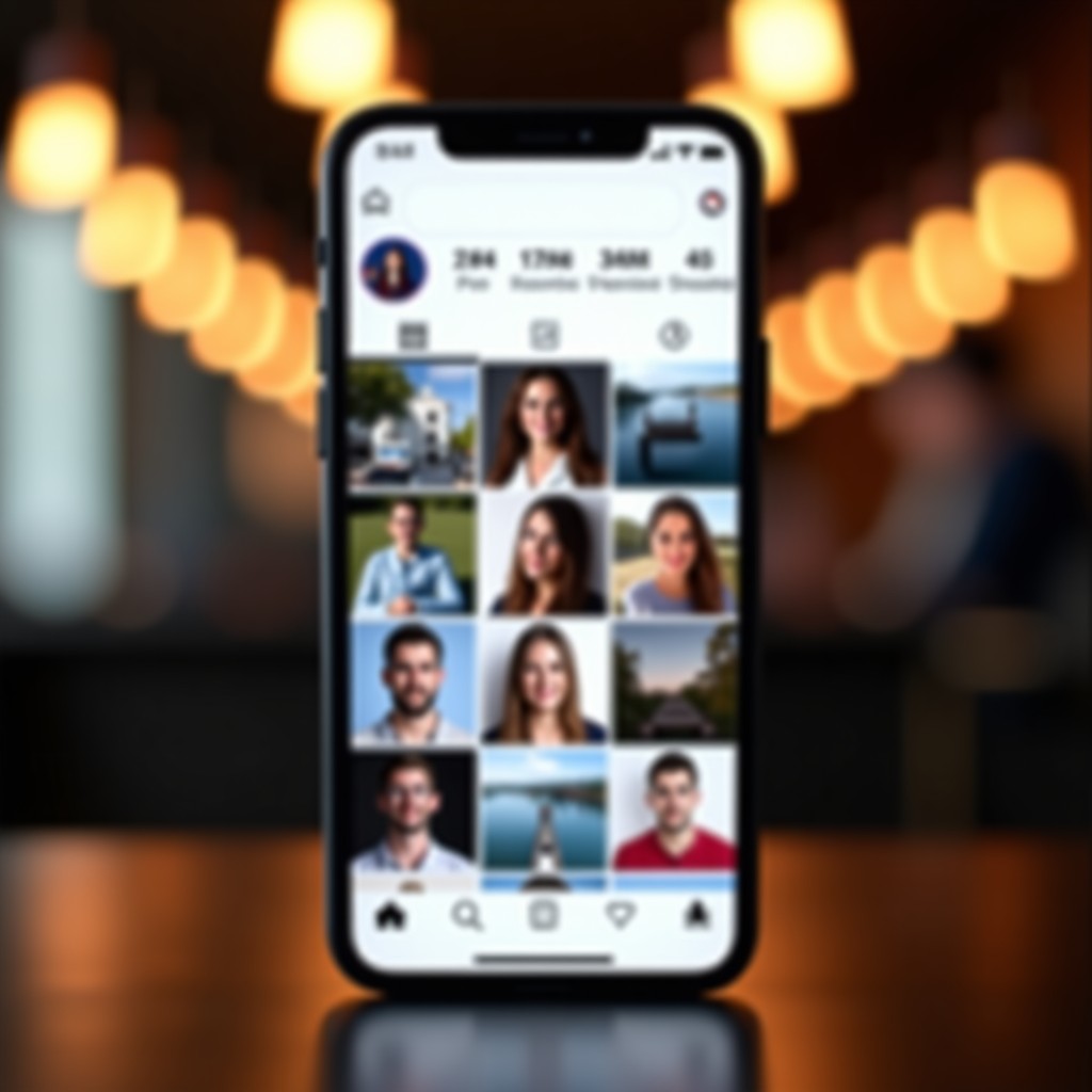 A blurred social media profile page on a smartphone screen, showing a grid of photos, modern app interface, soft lighting, no text. 4:3