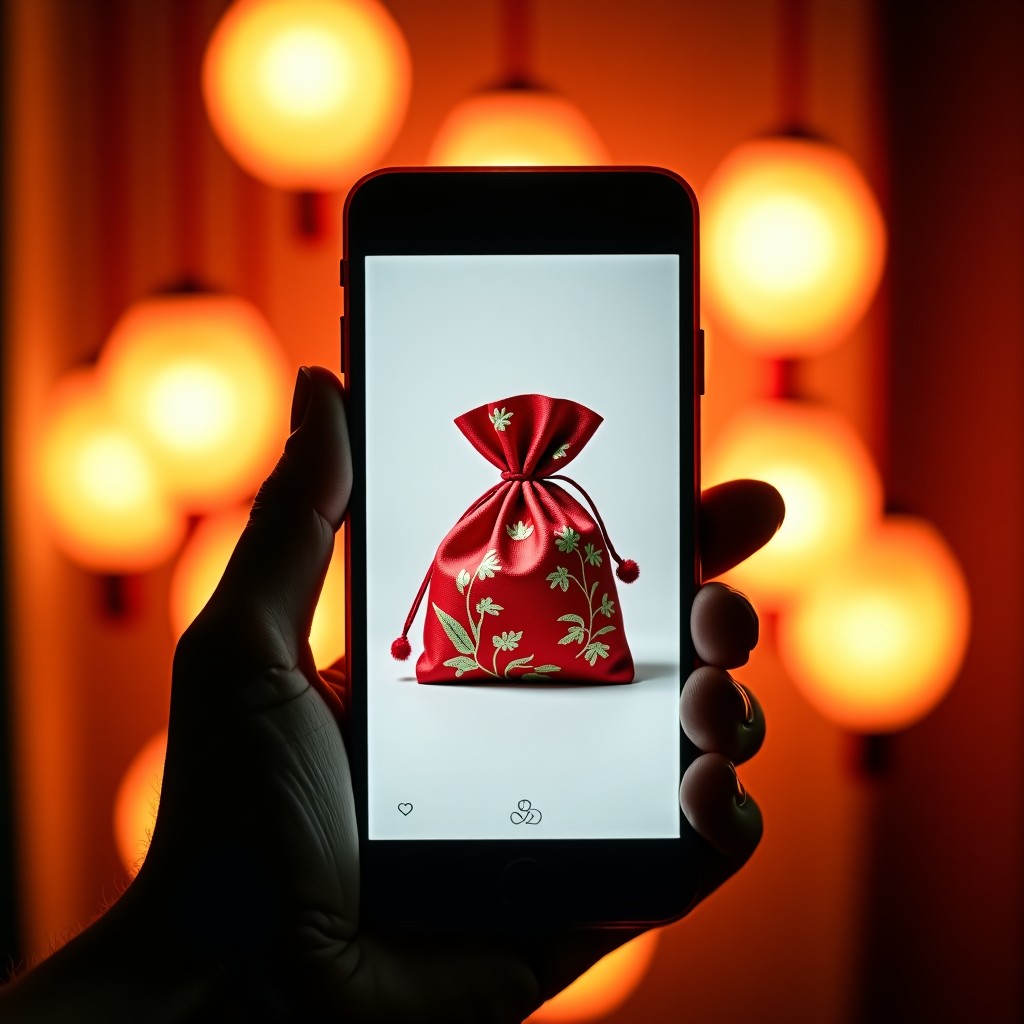 A colorful traditional Korean silk pouch called Bokjumeoni displayed on a modern smartphone screen. Soft focus background with festive lights and warm atmosphere. 1:1